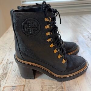 Tory Burch Miller Black Lace-Up Boots with Gold Eyelets